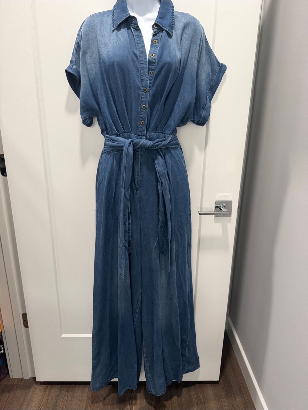 Light Blue Denim Maxi Shirt Dress with Waist Tie